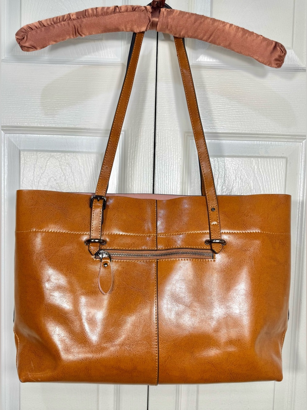 S-Zone Leather Zip Tote Shoulder Bag Large Distressed Cognac Brown Double Straps